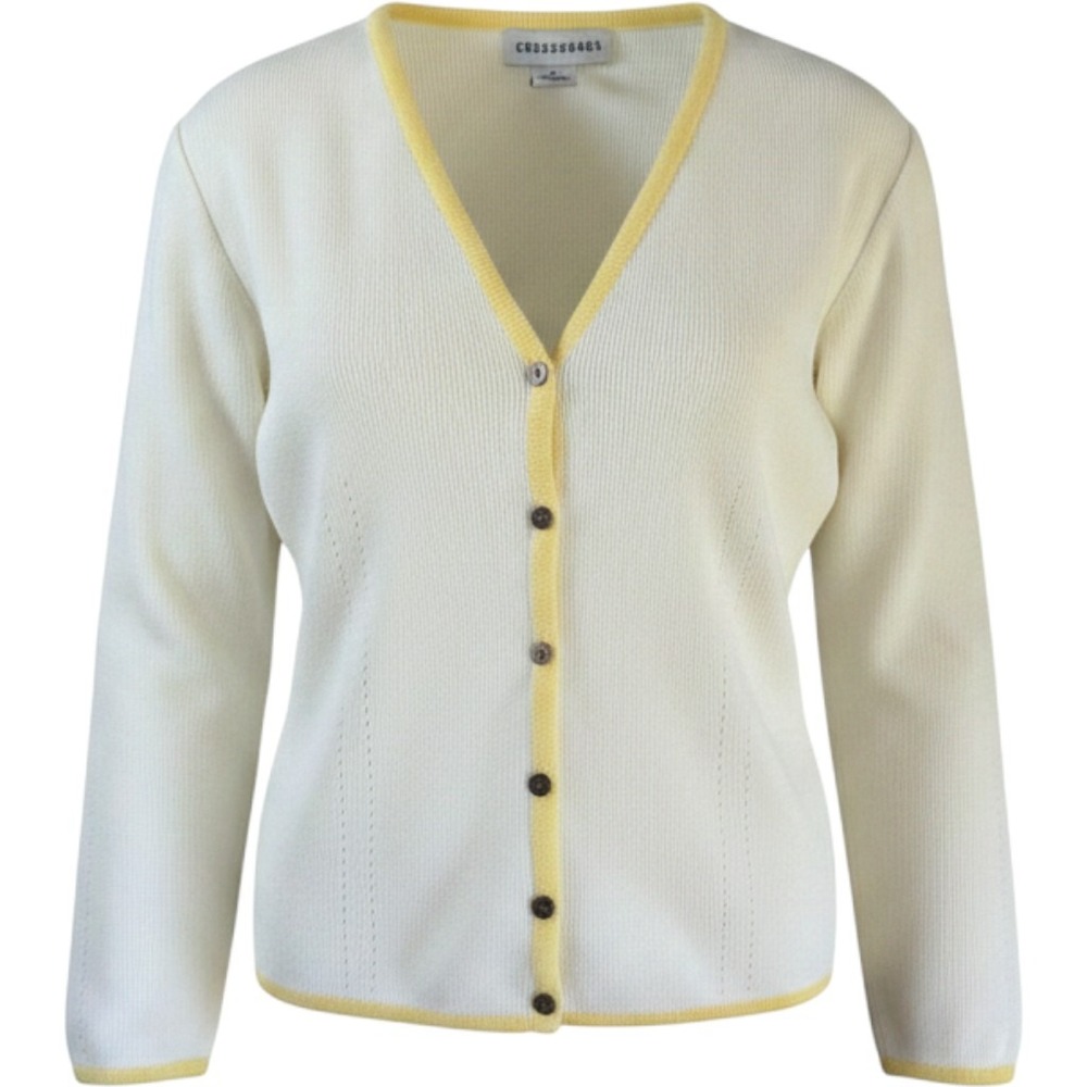 Crossroads Vintage Cream V-Neck Cardigan Yellow Trim Button Front Sweater Small